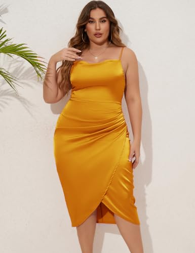 Image of ZOMVA Plus Size Satin Dress 1X-4X Ruched Cowl Neck Spaghetti Strap Elegant Midi Dress Wedding Guest Cocktail Party