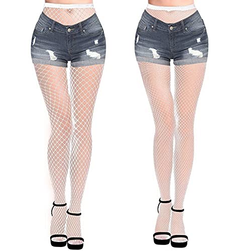 MengPa Fishnet Stockings High Waisted Tights Pantyhose for Women 2Pcs (White-(M&L Gride))-Q