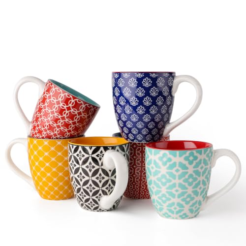 DOWAN 16 OZ Boho-Mosaic Coffee Mugs Set of 6, Large Ceramic Coffee Mugs with Handle, Bohemian Home Decor Gift Set for Housewarming, Wedding & Birthday