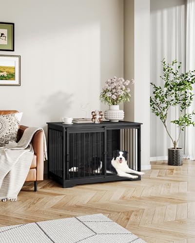 Hzuaneri Hundekäfig Möbel, 100cm hundebox für zuhause, Schiebetüren, 2 Tür, Moderne hundebox Holz Indoor für kleine/mittlere/große Hunde, Hundekäfig für Zuhause, 100 x 60 x 68 cm, Schwarz DFC02304B