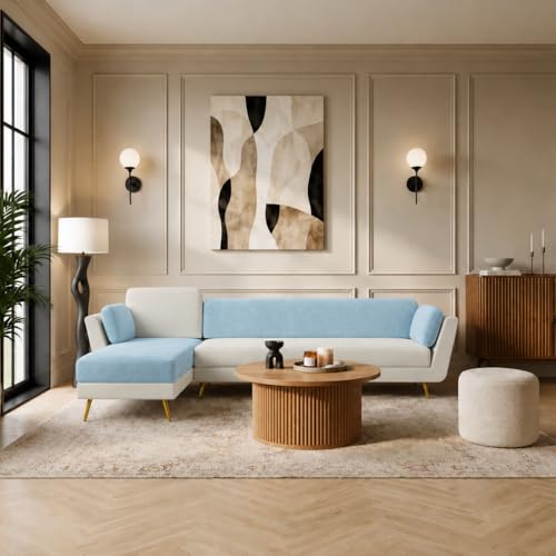 Image of Nuvola Air Premium Latex Fabric Sofa | 3, 4 & 5 Seater Options | Single & Dual-Tone Variants | Ultra-Soft Deep Seating Comfort | Modern Living Room Sofa | 3-Year Warranty (Blue and White, LHS, 5)