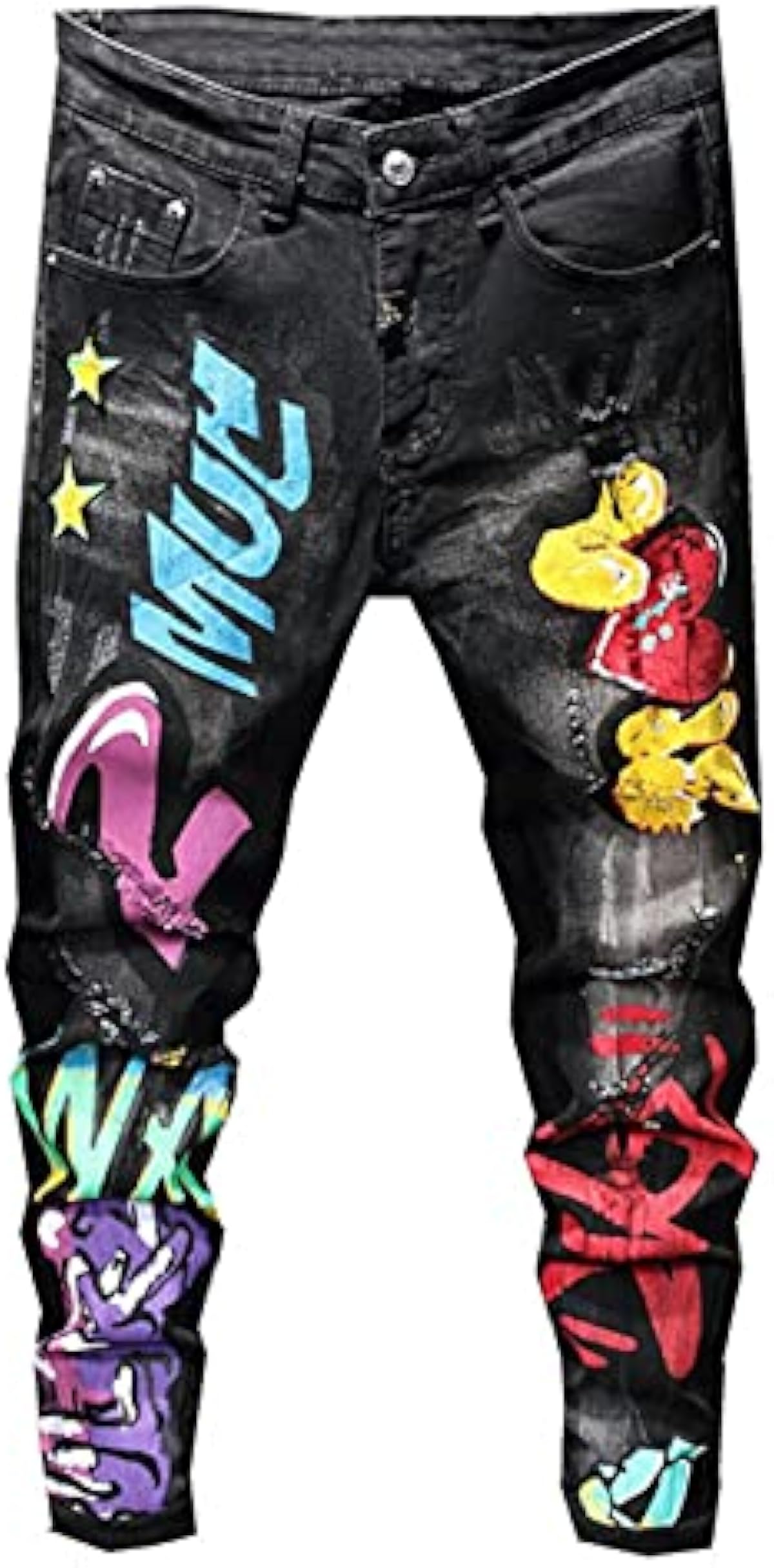 激安ネット通販 メンズカジュアルパンツメンズプリントリップドストレッチデニムブラックスキニージーンズファッションストリートウェアファンシーカラーレターペイントテーパードペンシルパンツブラック34 可愛い通販サイト Www Littleshopp Com