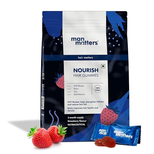 Man Matters Biotin Hair Gummies (90N) | With Biotin DHT Blockers Vitamin A C E Fibre & Zinc | For Stronger and Healthier Hair | Strawberry Flavour | 100% Vegan & Gut Friendly
