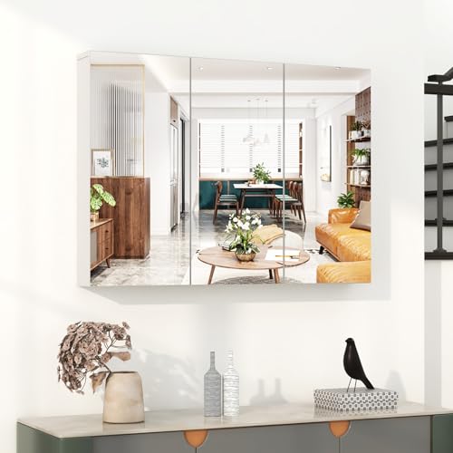LDAILY Moccha Bathroom Mirror with Storage - Medicine Cabinet, Frameless Bathroom Wall Cabinet with 3 Doors and Adjustable Shelves, Over Toilet Storage Cabinet, Recessed or Surface Mount Installation