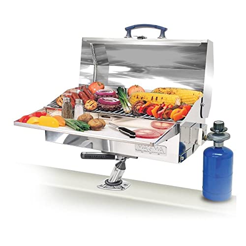 Magma Cabo Grill - Marine-Grade Stainless Steel Barbecue Grill for Boats - Portable Propane Gas with 9”x18” Grilling Surface - Heat-Resistant Handle, Fold-Away Legs - Ideal Boat Accessory