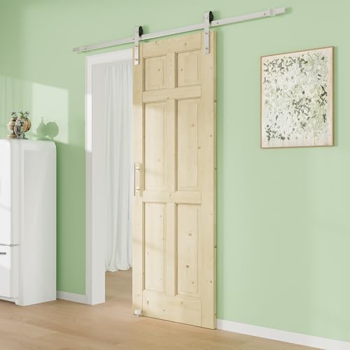 Image of 36 inch x 80 inch Presembled 6 Raised Panels Barn Door with 72 inch Track Kit, Pine Wood Sliding Barn Doors for Closet Kitchen Bedroom Pantry, Excellent Sound & Thermal Insulation, Nickel-Plated Hardware Kit