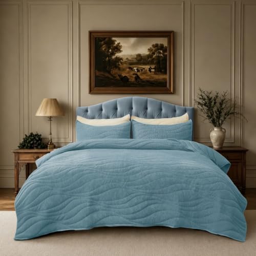 Image of DOWN HOME Crinkle Textured Velvet Quilt Set with Shams, All-Season Luxury Modern Bedding,Easy Care Comforter,Ultra-Soft,Lightweight & Breathable, Queen, Celestial Blue