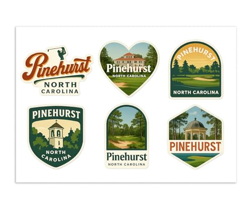 Pinehurst North Carolina Sticker Sheet - 6 Vintage Travel Stickers Golf Resort Souvenir Pack