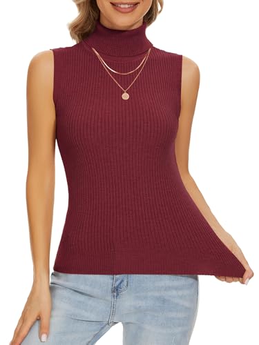 Image of Sleeveless Turtlenecks Tops for Women Slim Fit Knit Sleeveless Vest | Lightweight Stretchy Turtleneck Sweater Women Business Casual Wear