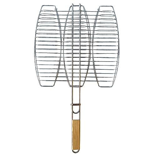 EMPOTEC Griglia Pesce BBQ Barbecue 38x37cm Apertura a Libro Metallo e Legno Graticola Arrostire 3 Pesci Piastra Forno Giardino PIC Nic