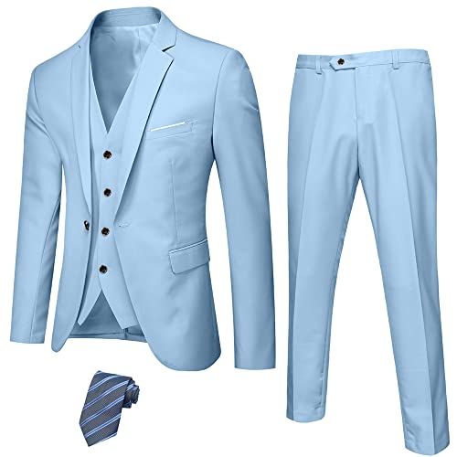 Ynd Men's Slim Fit 3 Piece Suit Set With Stretch Fabric, One Button Blazer Vest Pants, Solid Party Wedding Dress, Jacket Waistcoat And Trousers With Tie Sky #TOP28