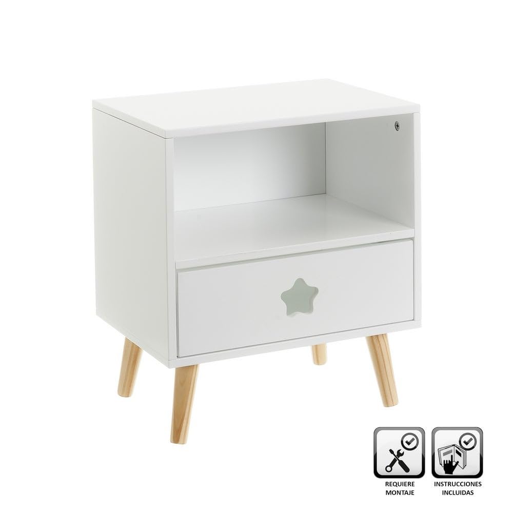 LOLAhome - Mesita de Noche Infantil con Estrella Tallada en Madera de Pino Blanca de 40x30x50 cm. Incluye cajón con guías metálicas para organizar Objetos y Dar un Toque Dulce al Dormitorio.