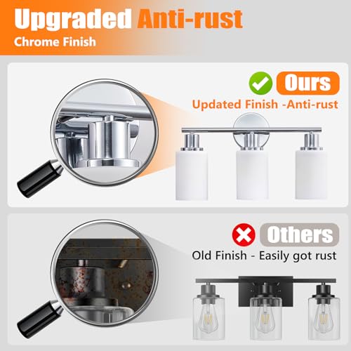 Image of DLLT 3-Light Bathroom Light Fixtures: Chrome Modern Vanity Lights with E26 Bulbs - Milky White Glass Shade Bathroom Wall Lamp for Mirror Kitchen Living Room Hallway Cabinet Porch