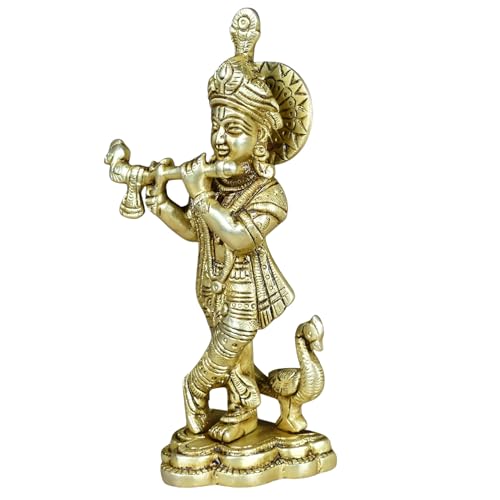 Image of 100% Pure Brass Lord Krishna Idol with Flute (Size:16cm, 600grams) | Shree Lord Krishna Statue for Home Decor | Sri Krishna Idols Gift for House Warming Ceremony or Office Desk