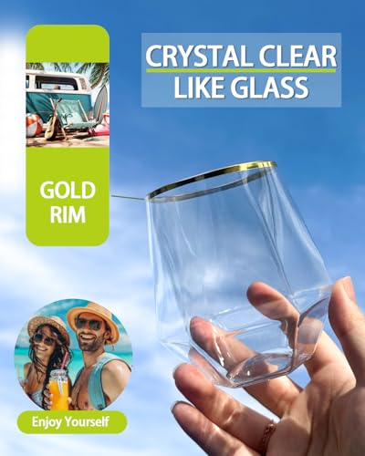 Image of Maaacute 40 Pcak Plastic Stemless Wine cocktail Whiskey Champagne Glasses, 12 Oz Gold Rim Disposable Clear Unbreakable Cups for Party Bars Wedding Tasting (Diamond-shaped)