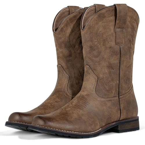 J's.o.l.e Men's Western Boots Round Toe Cowboy Boots for Men with Classic Embroidery Pull on Western Work Boots
