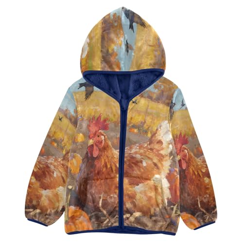 Chicken Among Pumpkins in Field Toddler Fleece Jacket Girl Boys Hooded Fleece Jacket Coat Warm Outwear Zip-up 3-10T