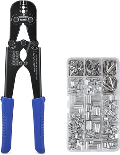 iCrimp - Kit di strumenti per crimpatura funi metalliche, con 330 manicotti ad anello e 45 pezzi in acciaio inox, kit con tagliacavi integrato, strumento di crimpatura per pesca iCrimp - Kit di strumenti per crimpatura funi metalliche, con 330 manicotti ad anello e 45 pezzi in acciaio inox, kit con tagliacavi integrato, strumento di crimpatura per pesca