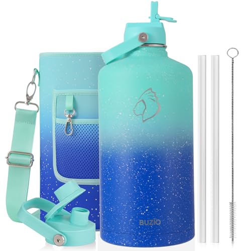 Image of BUZIO 1 Gallon Water Bottle Insulated with Dust-Proof Straw & Spout Lids