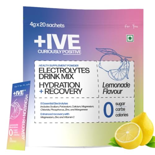 Image of Curiously +IVE(Positive) Electrolytes Powder No Sugar - 20 Sachets | Lemonade Flavour | Zero Sugar, Zero Carbs, Zero Calories | 8 Essential Electrolytes | Hydration + Recovery | Health Supplement Powder | Keto Friendly
