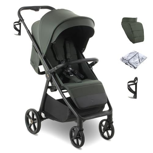 My Babiie MB170 Plus Pushchair – from Birth to 4 Years (22kg), 4-Wheel Suspension, Large Basket, XL Canopy, Foldable, Compact, Stroller with Footmuff, Cup Holder, Rain Cover – Green