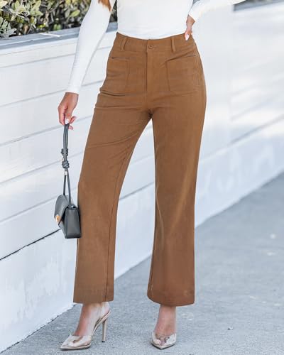 GRAPENT Corduroy Pants Women High Waisted Wide Leg Trendy Patch Pocket Fall Winter Dressy Casual Elastic Waist Trousers3