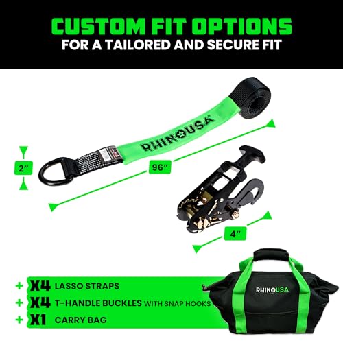 Rhino USA Car Tie Down Straps with Snap Hooks – 4 Pack 2" x8' – 10,000lbs Break Strength – Heavy Duty T-Handle Car Hauler Tire Lasso Wheel Straps for Trailers, UTV & Powersports – Black