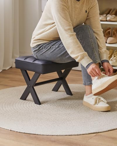Image of IBUYKE Small 12 inch H Footrest, Square PU Step Stool, Black WBD012B | Foot Stool Metal X-Leg Multi-Use Small Side Table Living Room Bedroom Entryway Office