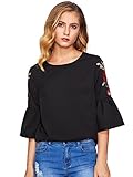 Floerns Women's Floral Embroidery Loose Blouse Bell Sleeve Top Black Rose L