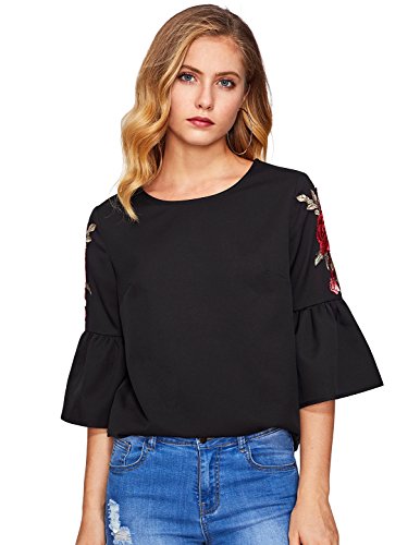 Floerns Women's Floral Embroidery Loose Blouse Bell Sleeve Top Black Rose L