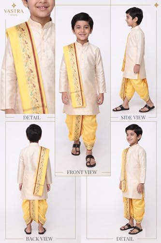 Image of Boys Dhoti Kurta Set Sherwani Style for Kids | Ethnic Traditional Kids Wear with Patiala Dhoti & Dupatta | Wedding Dress for Boys | Indian Cultural Outfit for Puja Festival Party