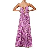 ABYOVRT Women Floral Maxi Dress Tie Front Cut Out Backless Boho Spaghetti Strap Summer Beach Sundress (Purple,S)