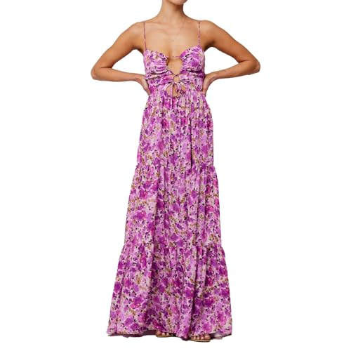 ABYOVRT Women Floral Maxi Dress Tie Front Cut Out Backless Boho Spaghetti Strap Summer Beach Sundress (Purple,S)