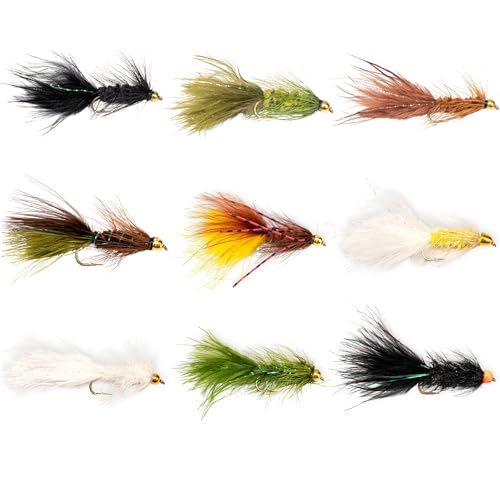 Woolly Bugger Fly Fishing Kit for Trout and Bass | Beadhead Streamer Flies in Black Olive Brown | Mixed Pack Sizes and Hook Sizes 6 8 10 | Wet Flies for Rivers Lakes Streams (27 Pack Mixed Sizes)