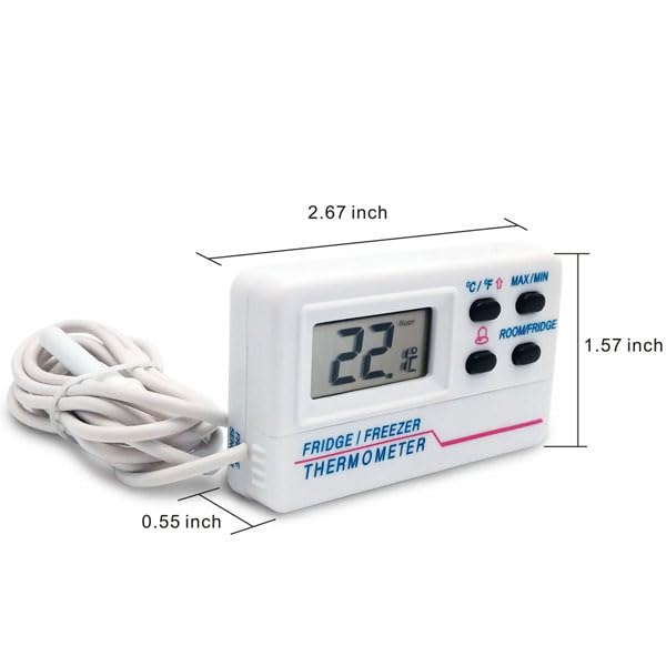Refrigerator Thermometer with Programmable Alarm. Remote Temperature Sensor on 4 ft Cable. Large LCD. Min-Max Memory. °C/°F. Versatile Mounting Options. AAA Battery Included.