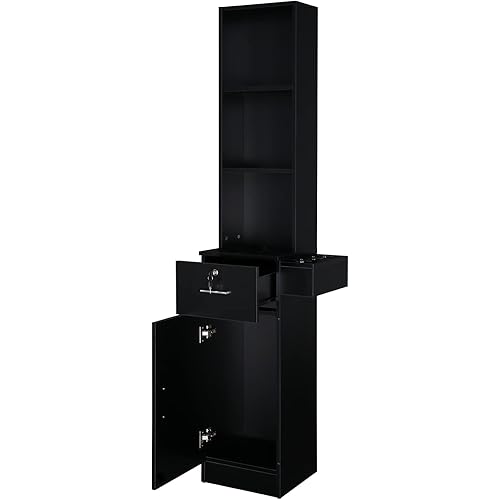OmySalon Salon Hair Styling Station, Barber Salon Equipment with a 3-Tier Storage Shelf, 1 Drawer, a Large Storage Cabinet and 3 Hair Dryer Holders, Black