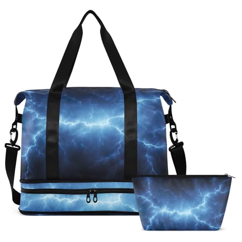 Blue Lightning Black Duffel Bag Lightweight Carry On Gym Bags for Travel and Weekends, Versatile Overnight Bag with Shoe Compartment2