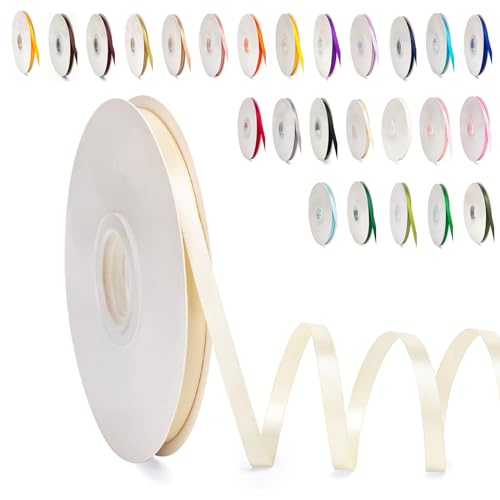 Off White Ribbon 6mm for Gift Wrapping 91M, Double Sided Off White Satin Ribbon 6mm Thick Fabric Ribbon for Crafting Cake Ribbon, Hair Bow Ribbon, Balloon, Christmas Decoration, Wedding Car Ribbon