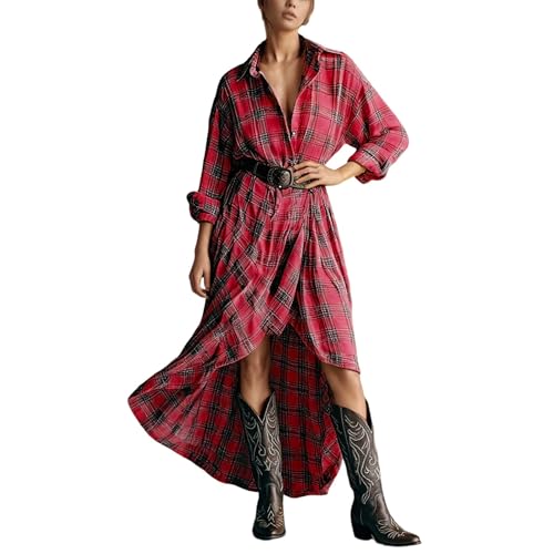 Foweknow Kleid Damen Elegant Kariert Hemdkleid Button Down Revers Langarm Kleider Herbst Winter Maxikleid Lässige Tunika Blusen Hohe Taille...