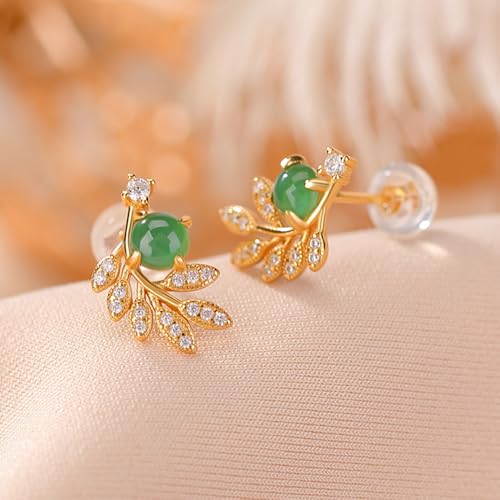 Boucles d'oreilles jade vert anti-allergie, clous d'oreilles feuille argent 925