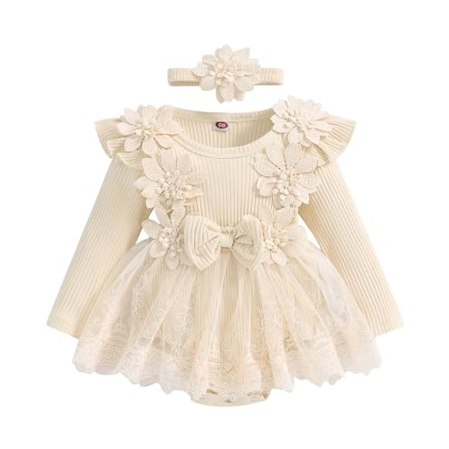 Generisch Leopard Kleid Mädchen Baby Mädchen Langarm Floral Strampler Neugeborenen Spitze Bodys Kleid Stirnbänder Set Body Mädchen 140 (Beige, 0-3 Months)