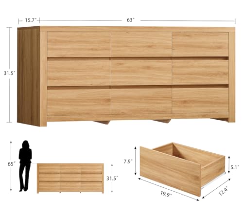 Image of TEENFON 63 inch Dresser for Bedroom with 9 Drawers, Modern Dressers & Chests of Drawers with Metal Handles, Wooden Dresser TV Stand, Bedroom Dressers, for Bedroom, Hallway, Natural