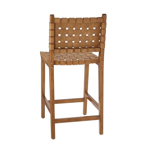 Butaco moderno de cuero sintético tejido y estructura de madera, altura de asiento 24 pulgadas, color marrón miniatura 4