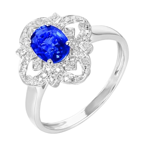 Calefee Anillos de aniversario para mujer, anillos de compromiso con zafiro creado en laboratorio de 1,1 quilates y moissanita, oro blanco real de 18 quilates, talla H 1/2-V 1/2, M 1/2, Metal Piedra