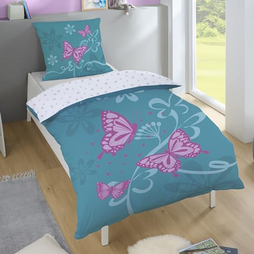 CTI - Bettwäsche Set Schmetterlinge 135x200 cm 80x80 cm Mädchen Linon Baumwolle türkis rosa