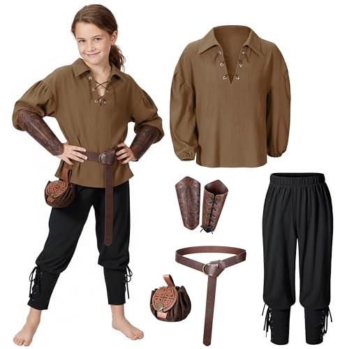 Image of Kids Medieval Viking Pirate Renaissance Tunic Pants Accessories Costume for Boys Cosplay 3-14 Years