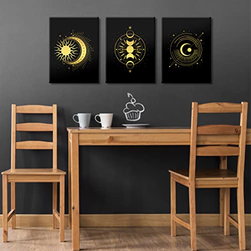 3Pcs Occult Gold And Black Wall Art Decor Canvas Prints Alchemy Witch Sun Moon Stars Art Picture Artwork Painting Home Decor For Living Room Bedroom Bathroom Office With Framed 12X16 Inches #TOP2