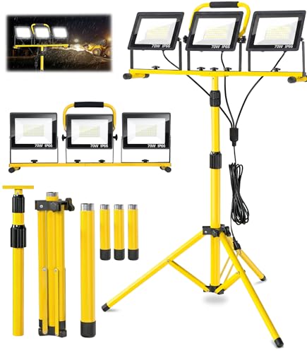 21000 LM LED Work Light with Stand, 3-Head Adjustable Portable Tripod Light with Individual Switches, IP66 Waterproof, 16.4FT Cord for Garage Workshop Job Site Construction Indoor Outdoor Lighting