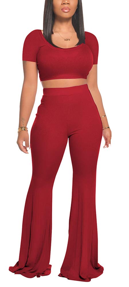2 Piece Outfits for Women Workout Sets - Sexy Crop Top + High Waisted Flared Long Pant Sets Track Suits Yoga Sports