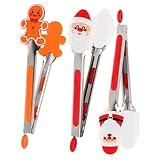 TOPPERFUN 3 Stück Edelstahl Lebensmittelzange mit Rutschfesten Silikonköpfen Robuste Servierzangen für Grill Bbq und Outdoor Weihnachtliches Design für Küche Party und Buffet